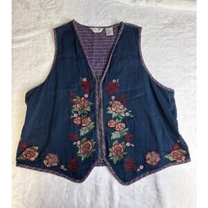 Vtg 90s Blue Plaid Floral Zip Front Vest Cotton Women 22/24 Cottagecore Embroid